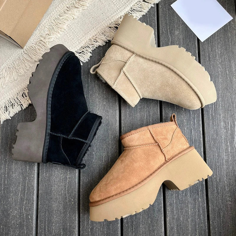 winter Snow boots Women's thick heels ankle ladies platform slippe shoes Leather Wool Chestnut