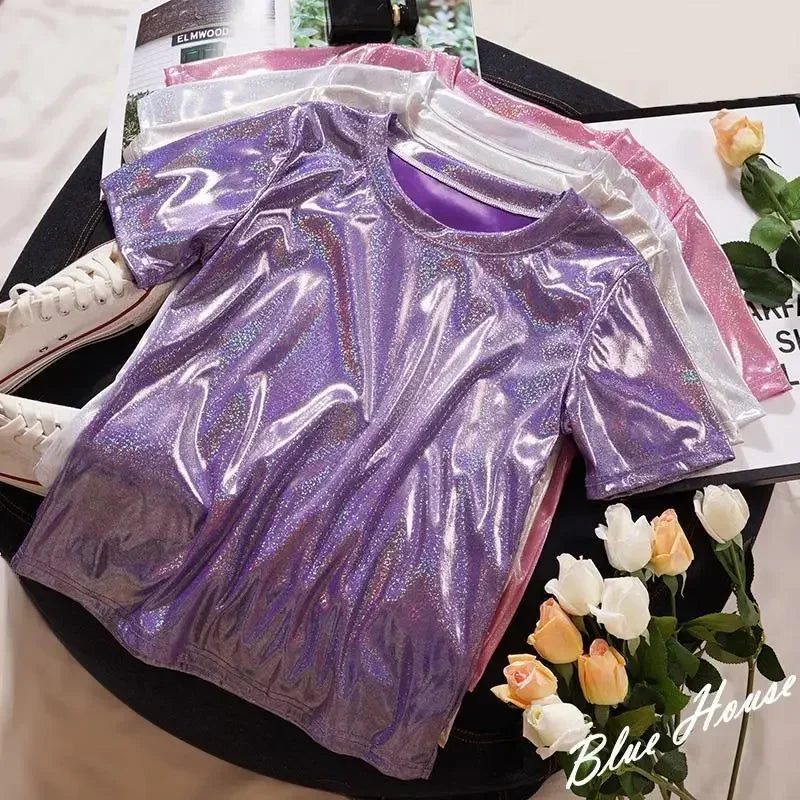 S-5XL Womens Sparkly Shiny Metallic Holographic Round Neck Short Sleeve Casual Loose Top Festival Party Tee Shirt Female Clothes