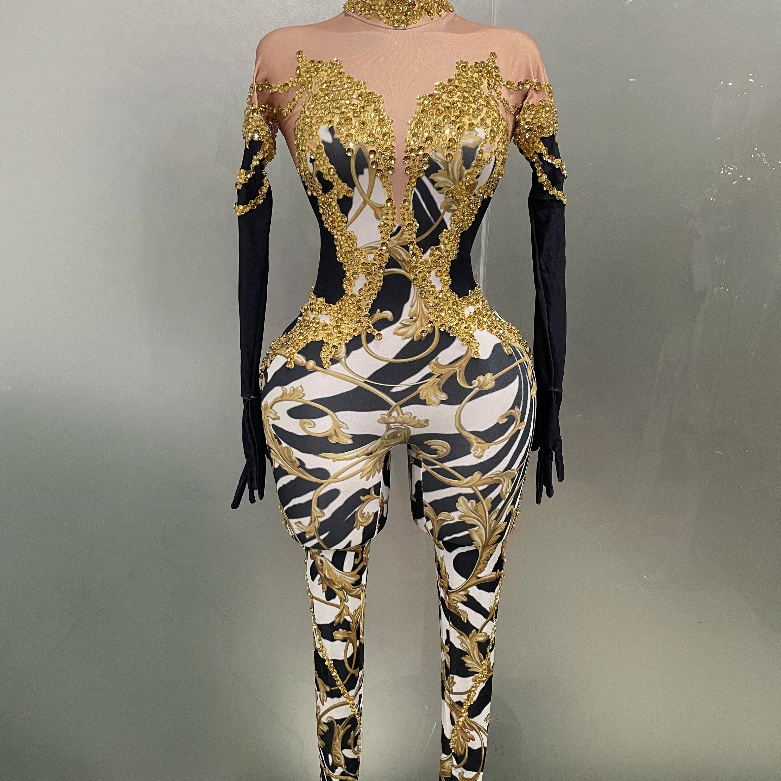 Sparkly Gold Rhinestones Jumpsuit With Gloves 2025 New Women Sexy Printed Party Nightclub Bar Singer Stage Performance Costume