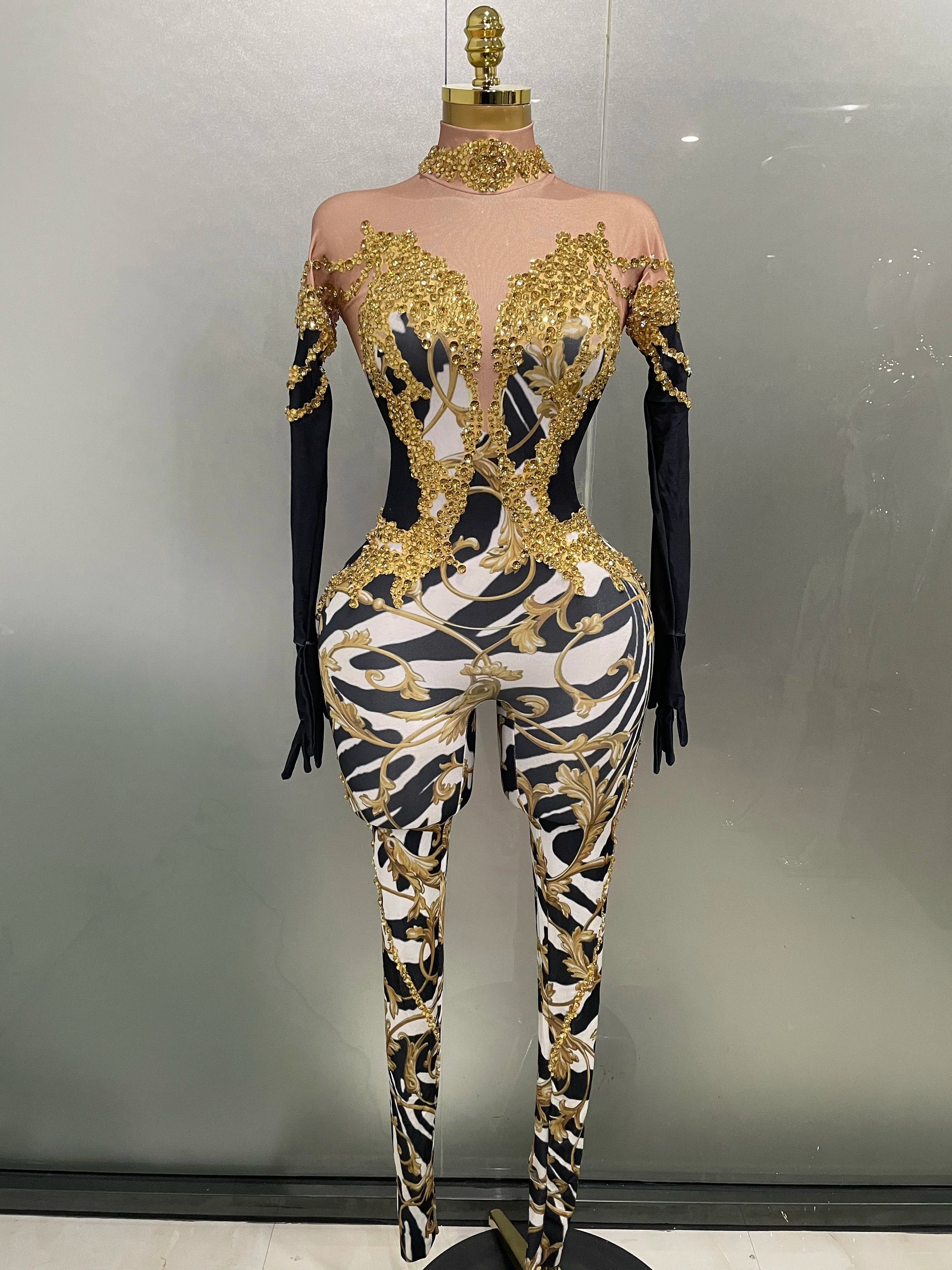 Macacão com strass dourado brilhante e luvas 2025, novo traje feminino sexy estampado para festa, boate, bar, cantora, palco, performance