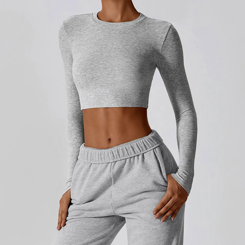 Crop Tops Women Yoga T-shirts Solid Sports Top Long Sleeve Running Shirts Sexy Exposed Navel Quick Dry Fitness Gym Workout Tops