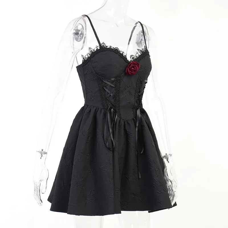 Goth Dark Tie Up Mall Gothic Elegant Women Dresses Grunge Aesthetic Jacquard A-Line Dress Emo Lace Trim Black Party Alt Clothes