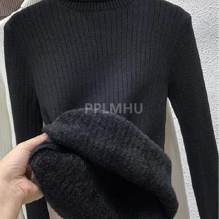 Warm Knit Pullover New Thicken Turtleneck Sweater For Winter Women Casual Slim Plush Lined Soft Long Sleeve Knitwear Jumper Tops striped black