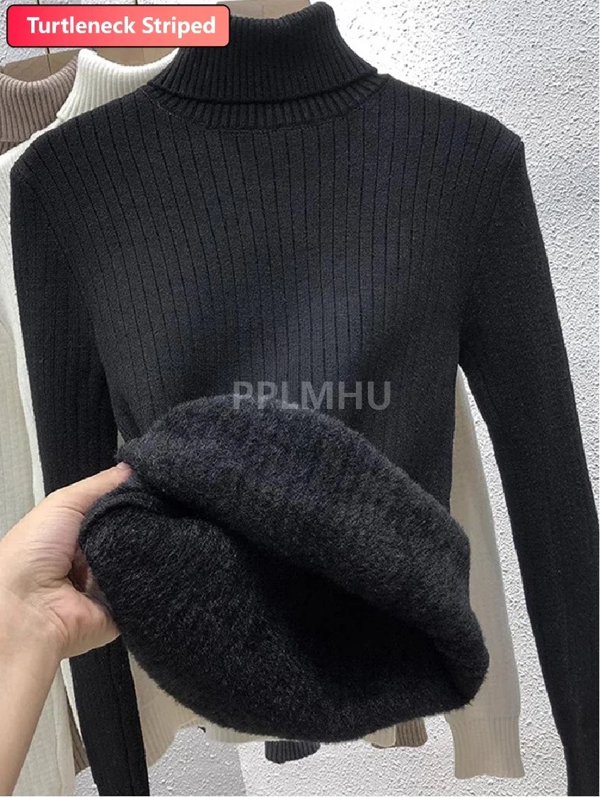 Warm Knit Pullover New Thicken Turtleneck Sweater For Winter Women Casual Slim Plush Lined Soft Long Sleeve Knitwear Jumper Tops striped black