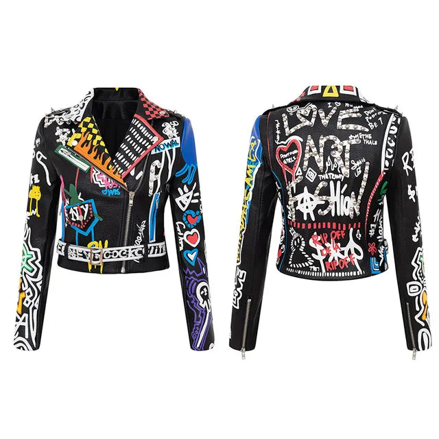 Spring Skull Pattern Graffiti Short Leather Jackets For Punk Women Rivet Slim Streetwear Motorcycle Jackets Coat 1