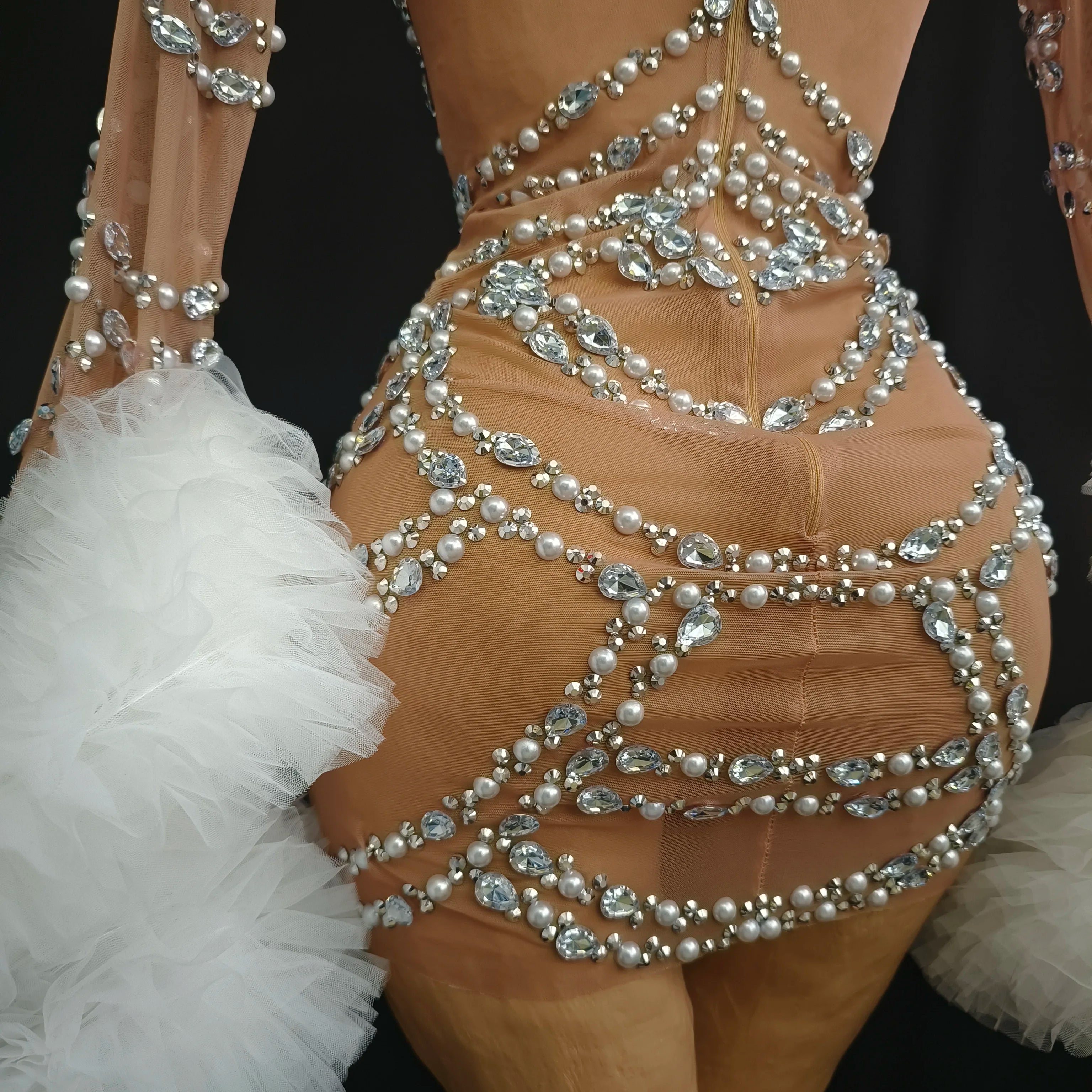 Women Sexy Mesh Nude Stretchy Long Sleeve Night Club See Through Singer Dancer tage Costume Mini Party Dress