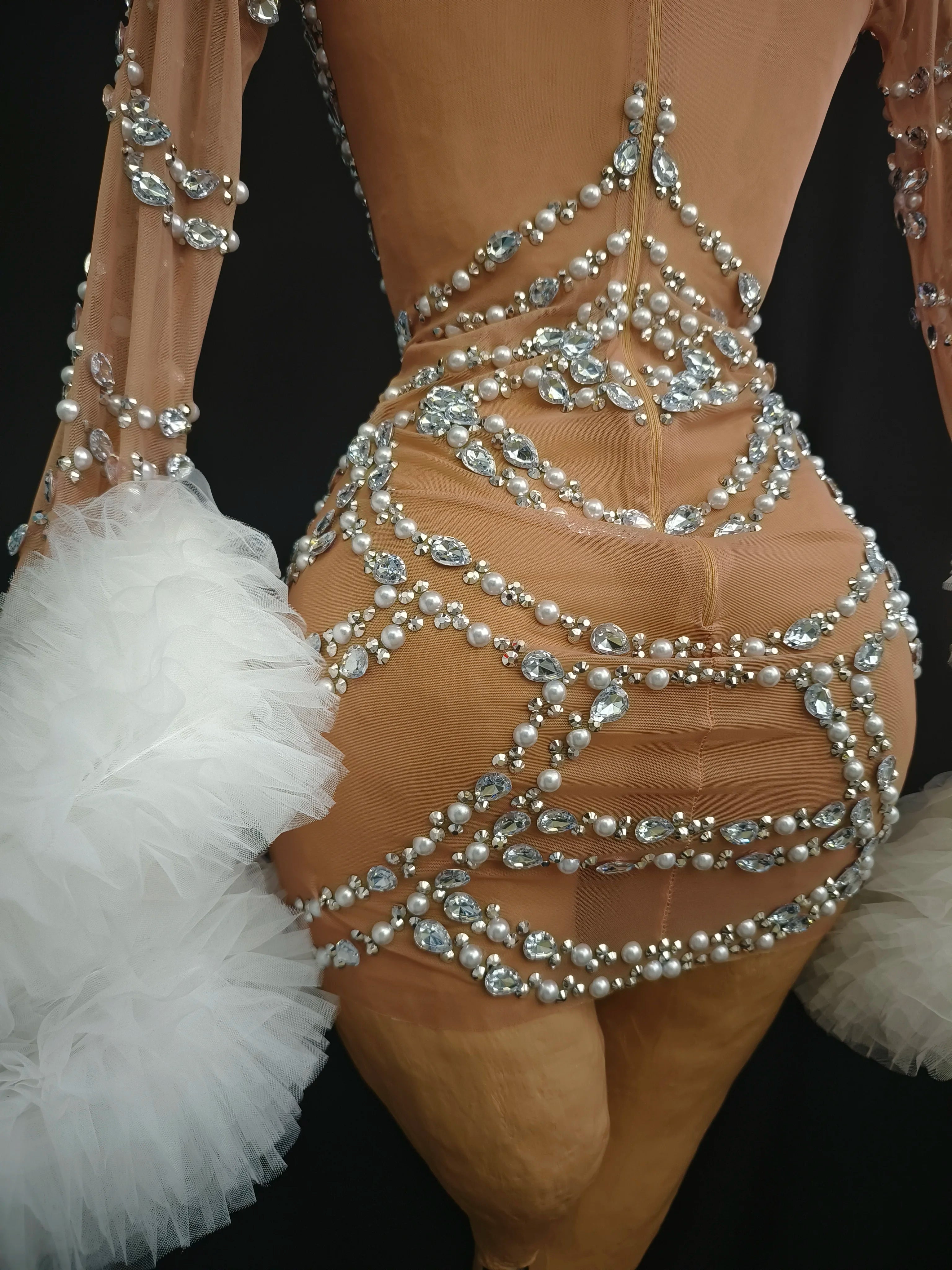 Women Sexy Mesh Nude Stretchy Long Sleeve Night Club See Through Singer Dancer tage Costume Mini Party Dress