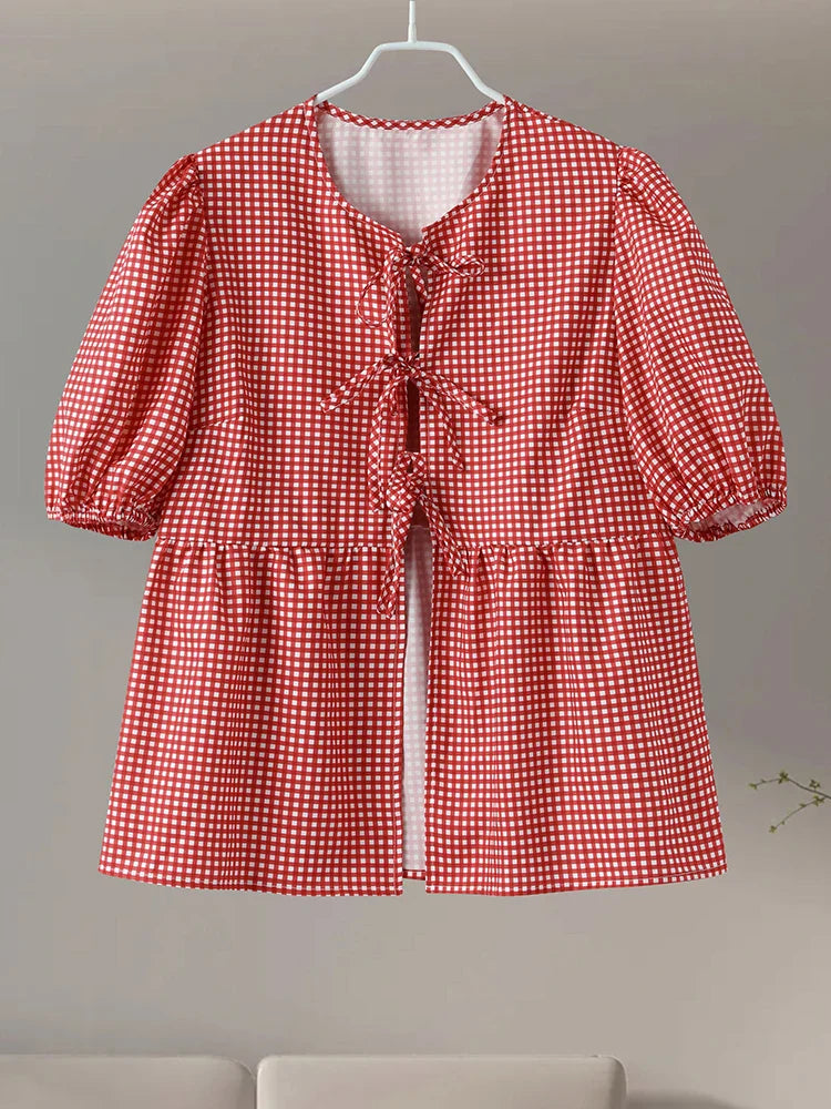 Red Plaid O-neck Lace Up Women Shirts And Blouses Puff Sleeve Hollow Out Women's Shirt Summer Casual Ruffles Female Tops