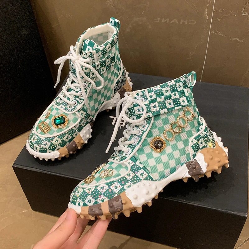 Women Casual Sneakers Luxury Designer Boots Rhinestone Diamond High-Top Thick Bottom Shoes Female Tennis Trainers Walking Shoes green