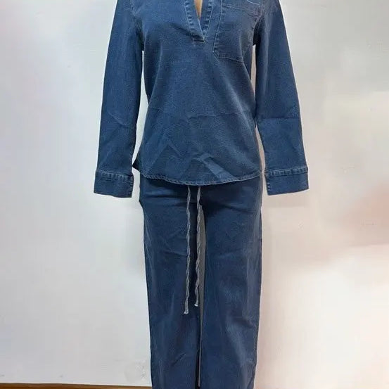 CM.YAYA Fashion Women's Set Long Sleeve Washed Denim Tops Shirts + Wide Leg Pants Suit 2025 Spring Street Two 2 Piece Set Outfit