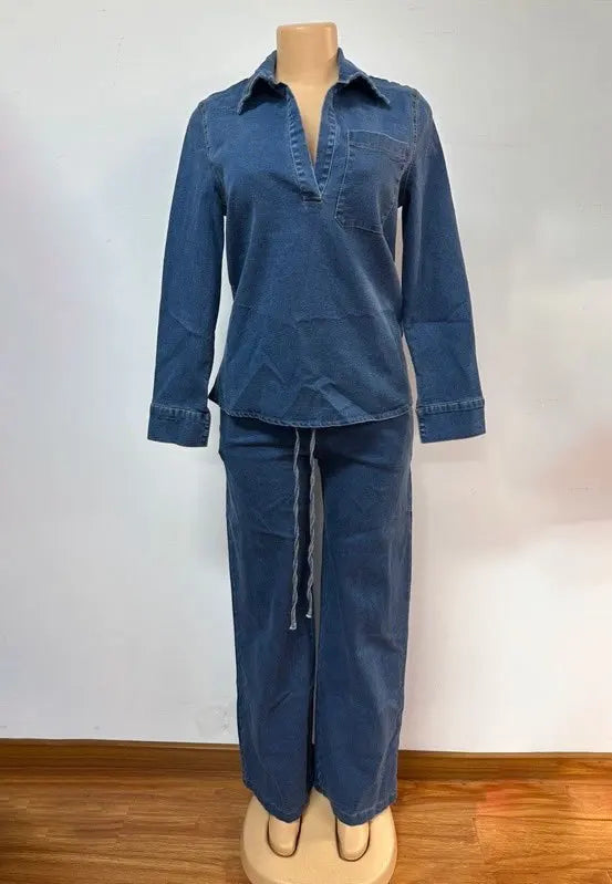 CM.YAYA Fashion Women's Set Long Sleeve Washed Denim Tops Shirts + Wide Leg Pants Suit 2025 Spring Street Two 2 Piece Set Outfit
