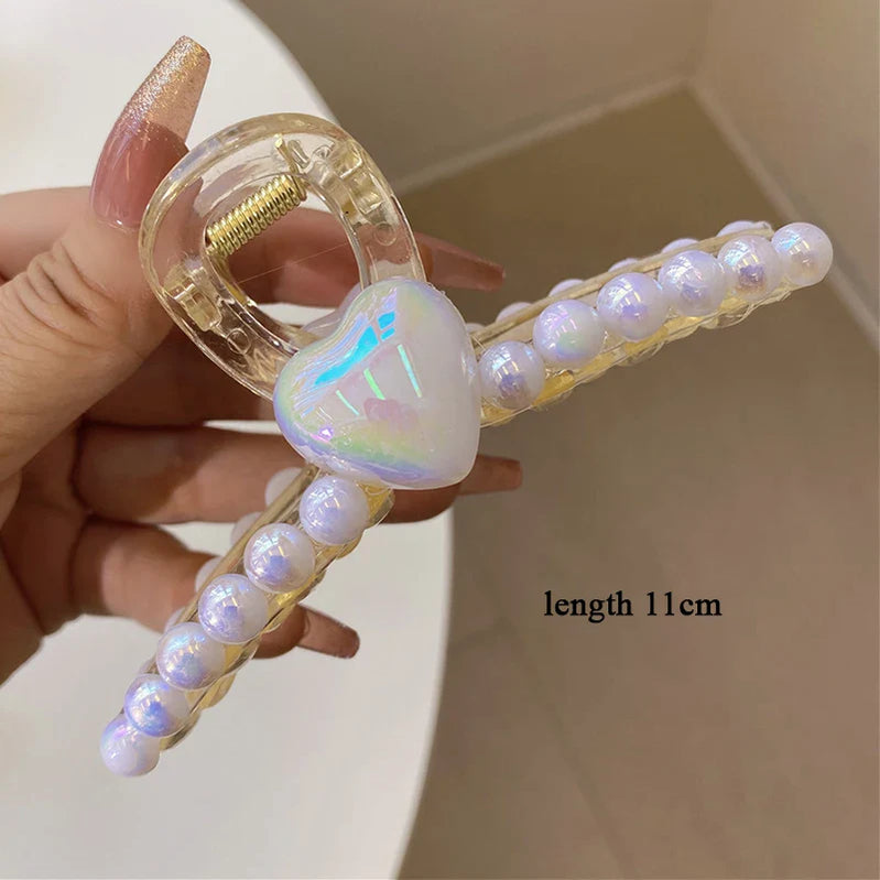 Elegant Big Pearl Hair Claws for Women Korean Acrylic Hair Clips Girls Large Size Barrette Shark Clip Fashion Hair Accessories 11cm heart shape