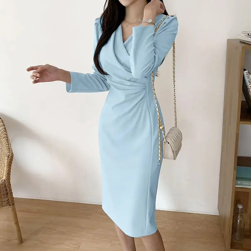 Fashion Bodycorn Dress Spring V-Neck Long Sleeve Sundress Solid Color Pleated Midi Robe Female Elegant Sexy Vestidos Blue