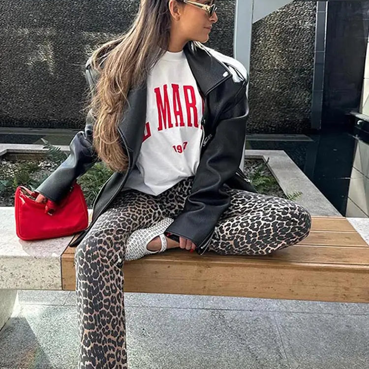 Fashion Leopard Print Wide Leg Pants Women Chic Glitter High Waist Elastic Lace Up Loose Long Pants Casual High Street Wear