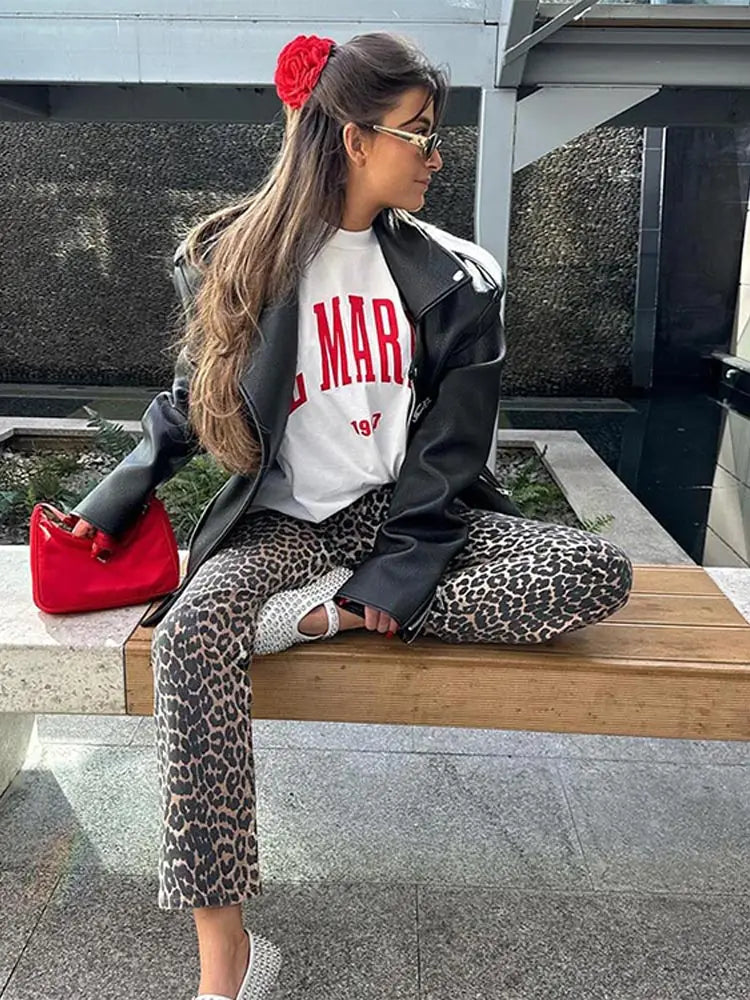 Fashion Leopard Print Wide Leg Pants Women Chic Glitter High Waist Elastic Lace Up Loose Long Pants Casual High Street Wear