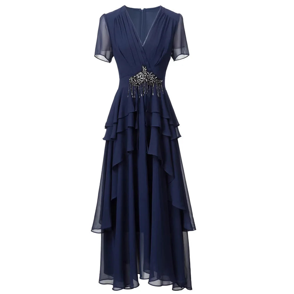 TWOTWINSTYLE Solid Slimming Spliced Bead Dresses for Women V Neck Short Sleeves Patchwork Ruffles Folds Dress Female Clothes New