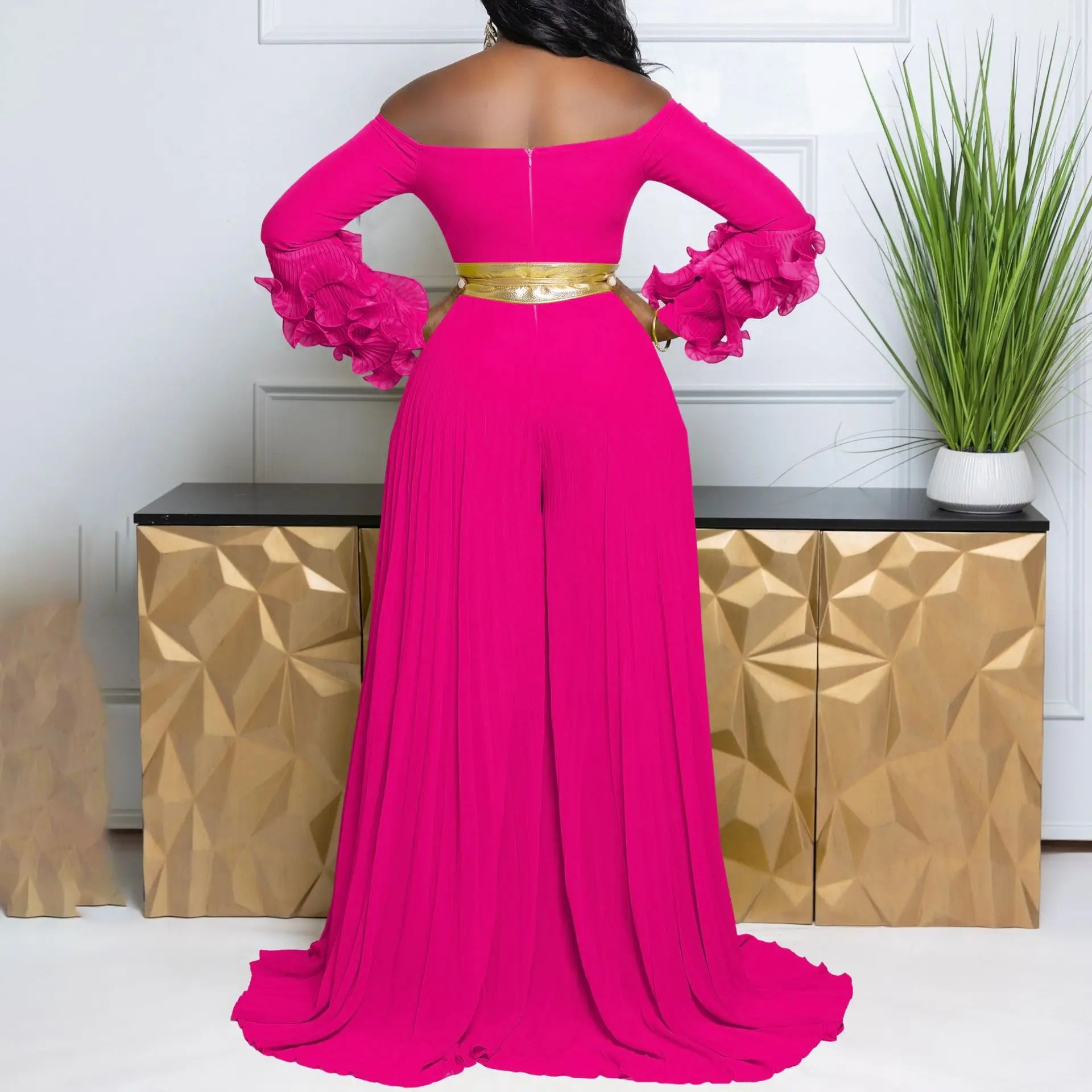 CM.YAYA Women Long Ruffles Sleeve Pleated Slash Neck Wide Leg Long Jumpsuits Party Beach belt Street Sexy Africa Outfit Rompers