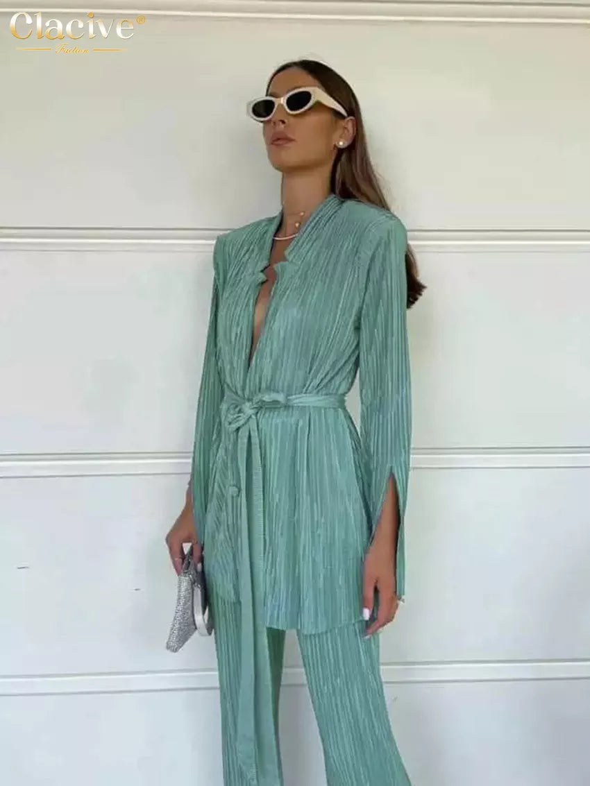 Clacive Autumn Green Pleated Pants Set Bodycon Slit Trosuer Suits Fashion Lace-Up Long Sleeve Blazer 2 Piece Sets Womens Outfits green CN
