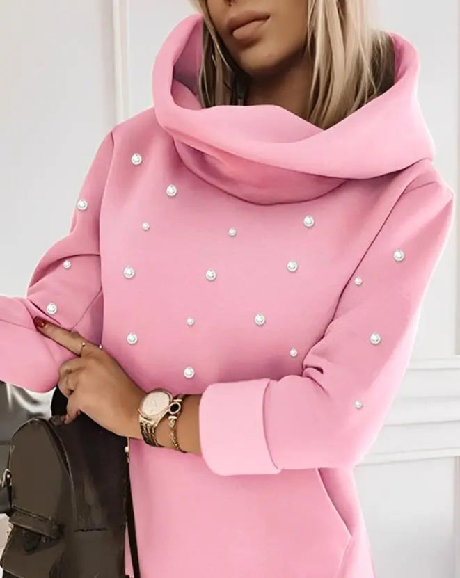 Elegant Dresses for Women Beaded Hooded Casual Sweatshirt Dress Autumn Winter Spring Fashion Casual Female Clothing