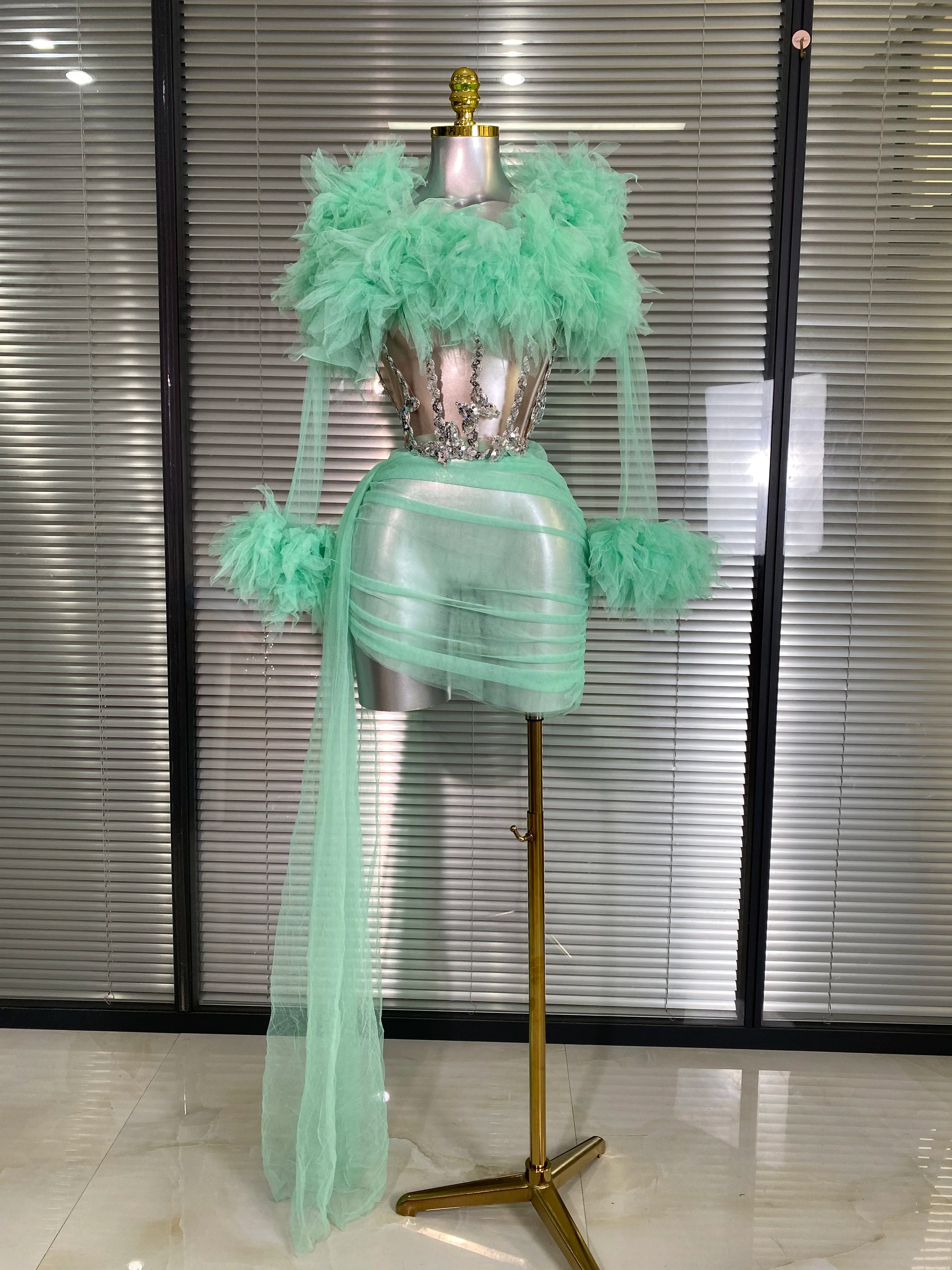 Summer New 2025 Sexy Two Pieces Set Women Celebrity Laced Mint Mesh Night Club Skirt Suits Stage Performance Costume