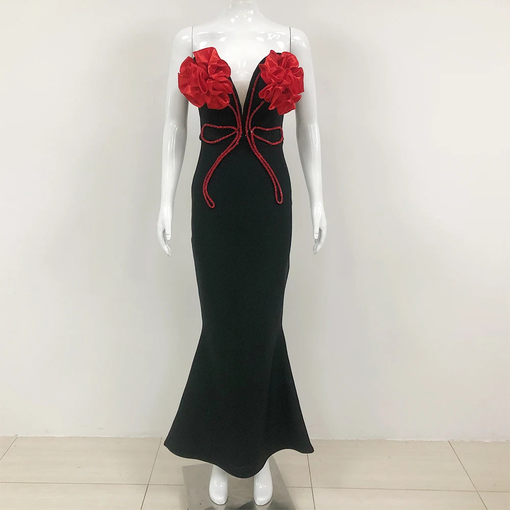 New Arrival Black Red Florals Sexy Strapless Diamond Line Bodycon Bandage Long Dress Fashion Celebrate Nightclub Party Wear
