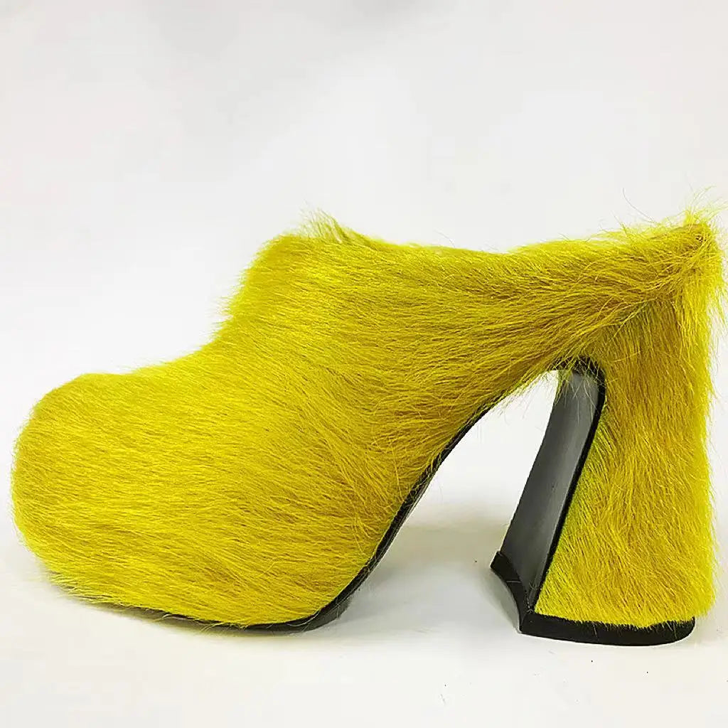 Fur Leather High Heels Women 2024 Designer Elegant Platform Women Mules Slipper Shoes For Wedding Party Dress Shoes Yellow