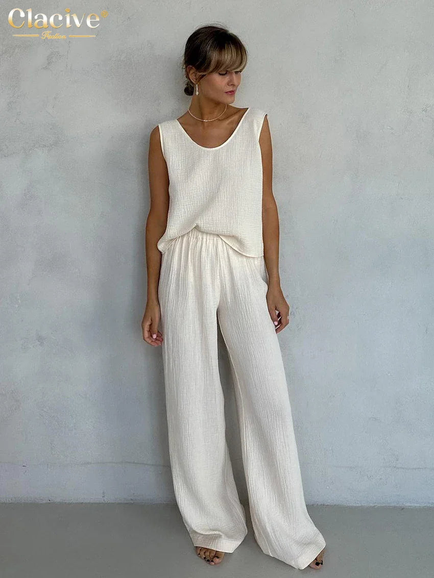 Clacive Casual Loose Beige Cotton 2 Piece Sets Women Outfit Fashion Sleeveless Tank Top With High Waist Wide Pants Set Homewear Beige