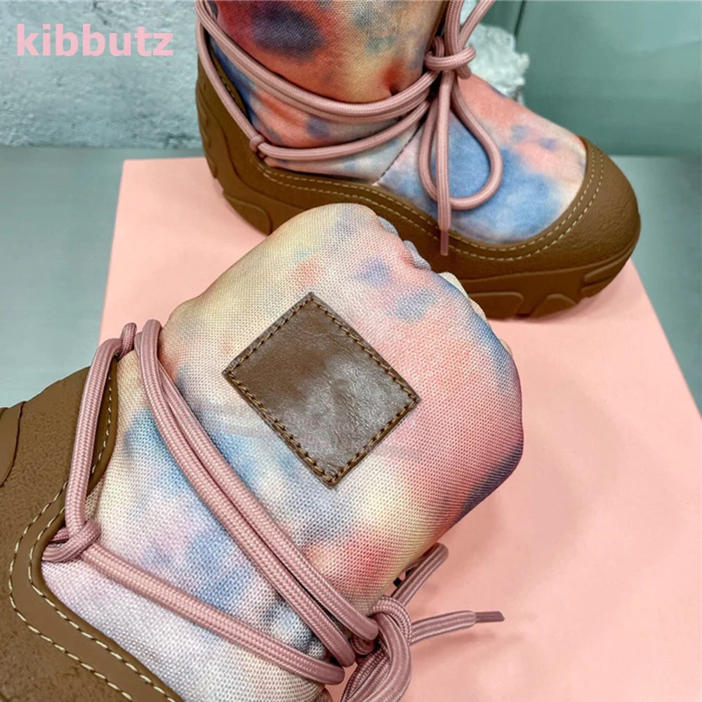 Thick Bottom Snow Ankle Boots Round Toe Height Increasing Lace-Up Fur Mixed Color Winter Warm Fashion Cute Style Women Shoes New