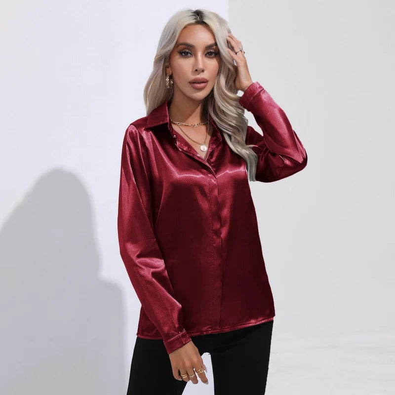 Spring Autumn Satin Shirt Women V Neck Long Sleeve Office Shirt Blouses Ladies Black White Silk Loose Shirts For Women JR