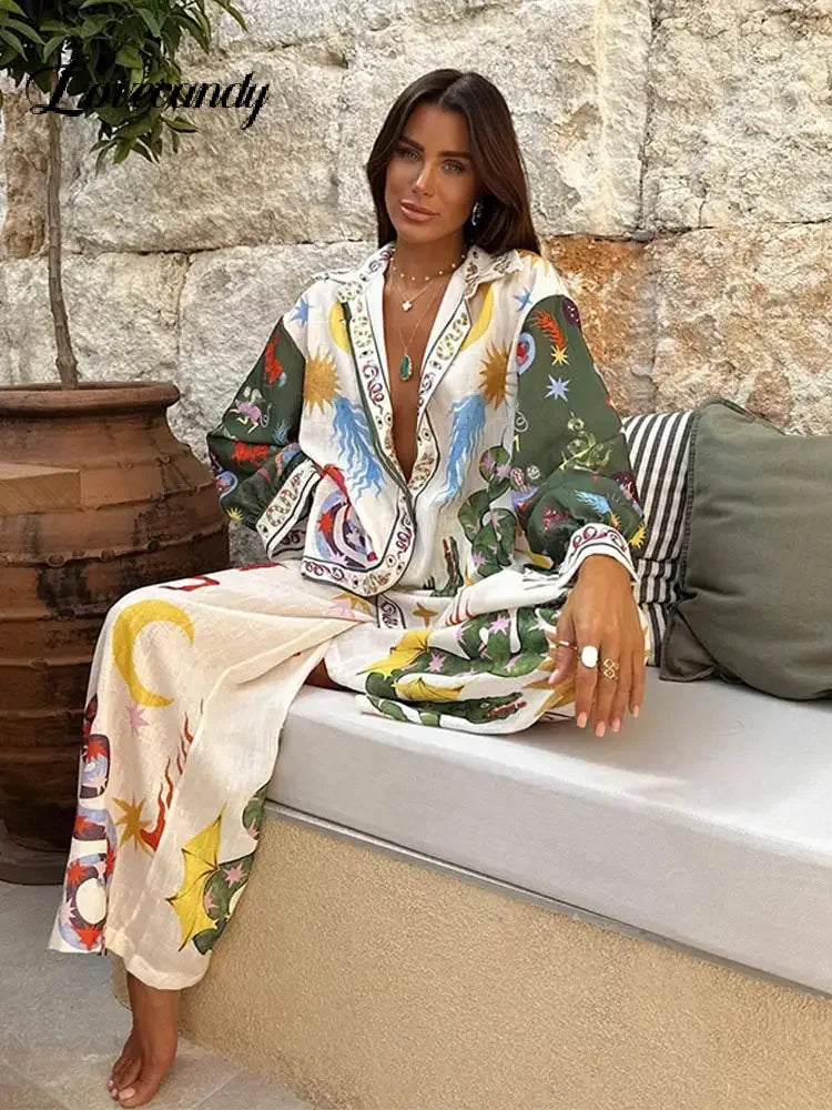 Stylish Printed Trousers 2 Piece Set Women's Casual Lapel Single Breasted Shirt Wide Leg Pant Sets Women Pomesia Vacation Suit
