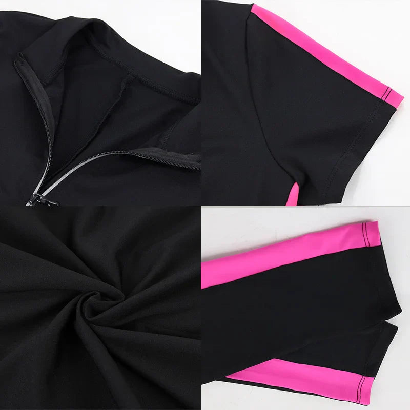 Women Bodysuit Sport One-Piece Sexy Slimming Bodycon Rompers Jumpsuit Patchwork Zip-up Short Sleeve Skinny Yoga Suit