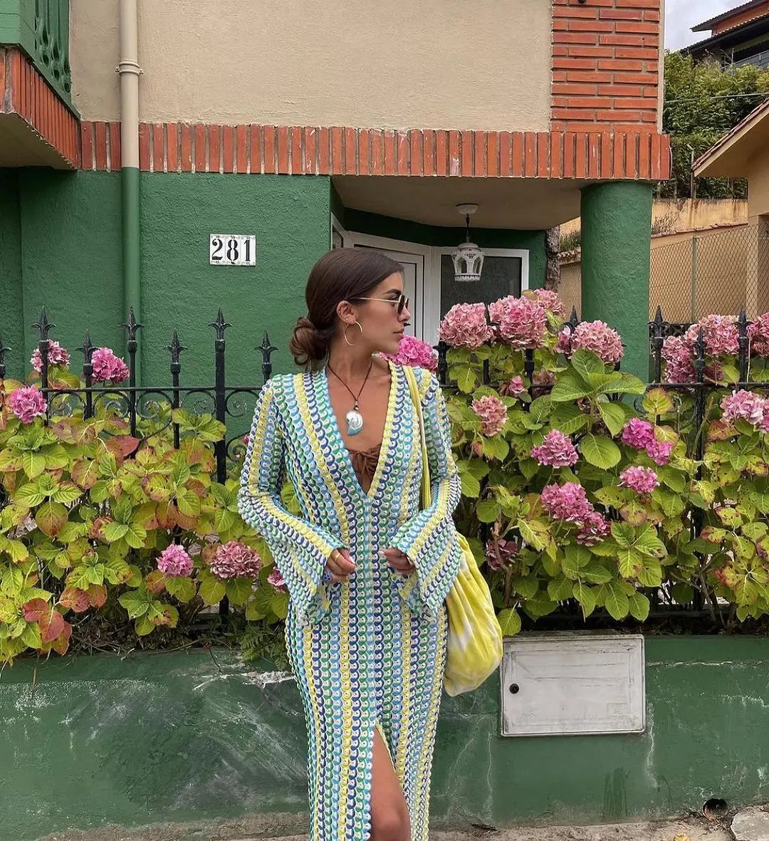 Crochet Colorful Stripe Maxi Dress Women Flare Sleeve V-neck High Split Sexy Long Dresses New Autumn Beach Banquet Vestidos as picture
