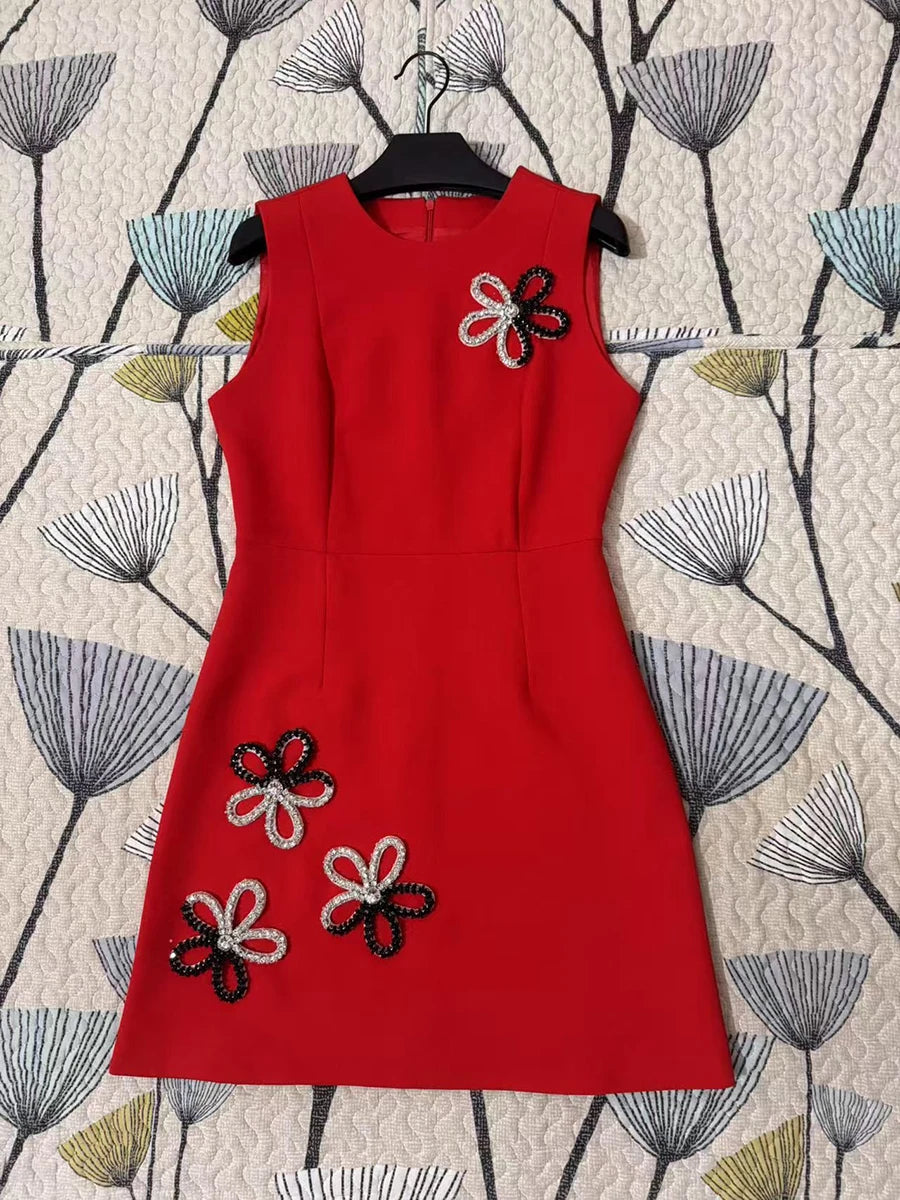 TWOTWINSTYLE Solid Slimming Elegant Dresses for Women Round Neck Sleeveless Patchwork Bead Fashion Mini Dress Female Clothing