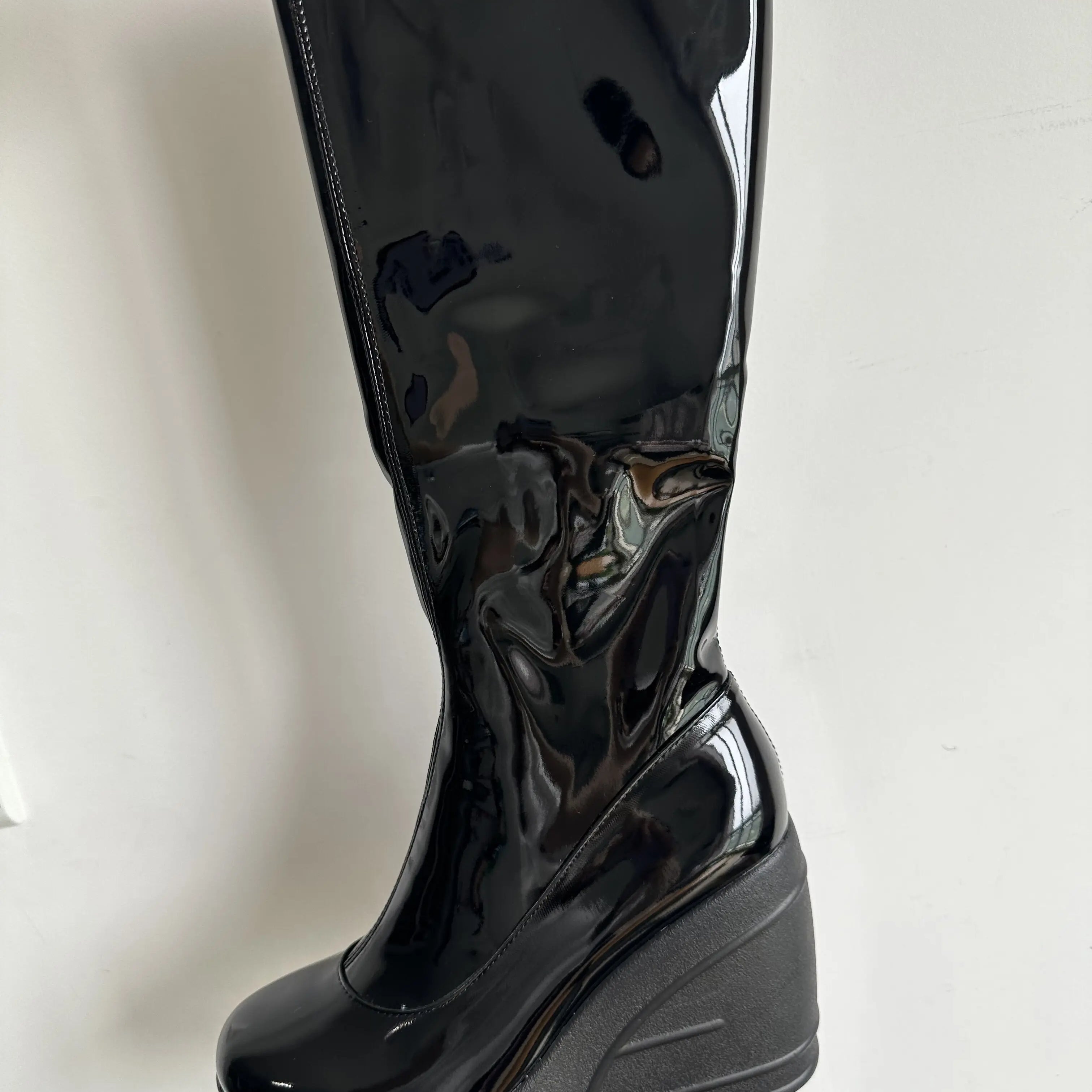 Spring New Slope Heel Thick Bottom Round Toe High Heel Boots Fashion Sexy Cross-border Women's Plus Size Knee-high Boots black