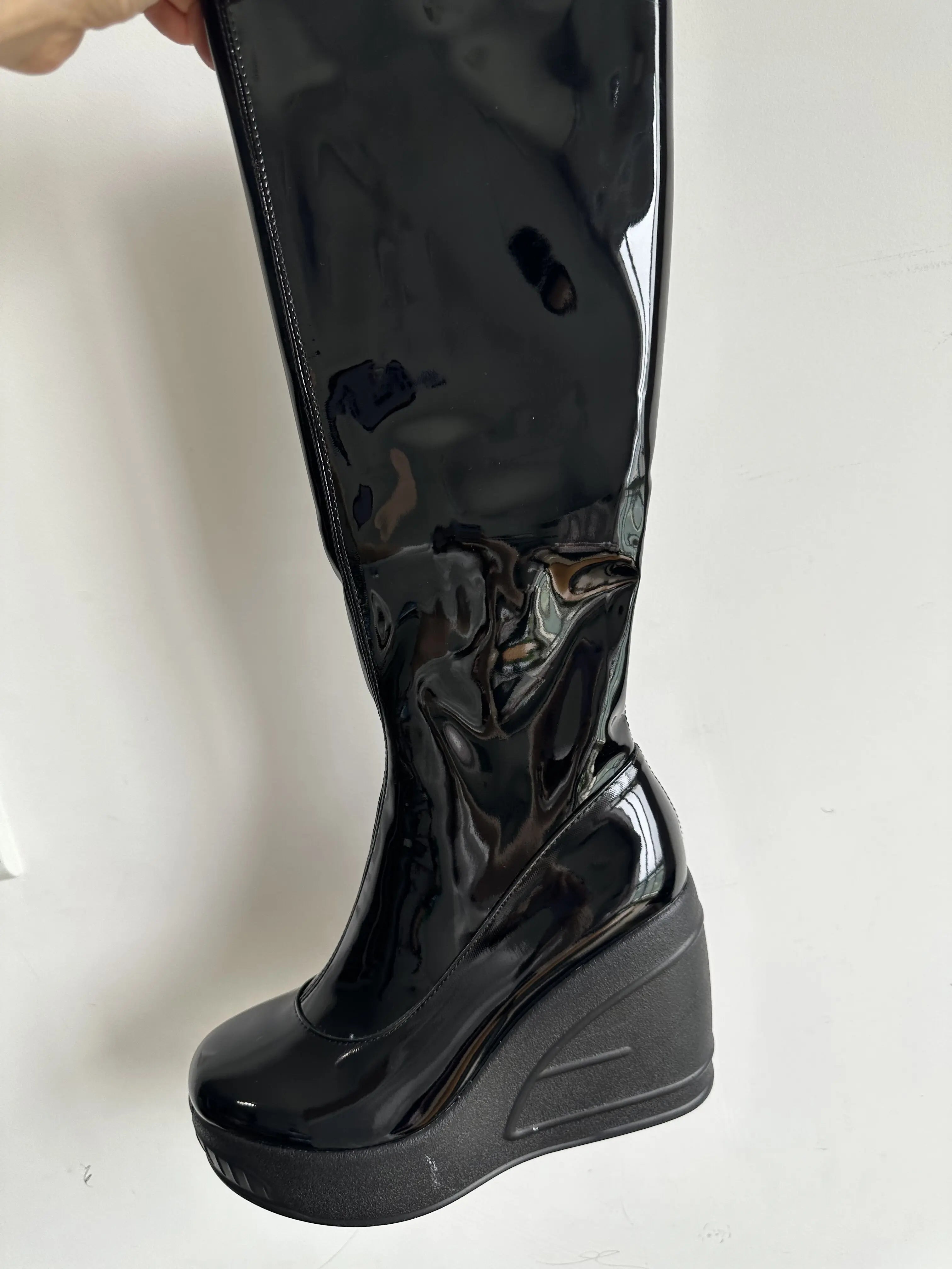 Spring New Slope Heel Thick Bottom Round Toe High Heel Boots Fashion Sexy Cross-border Women's Plus Size Knee-high Boots black