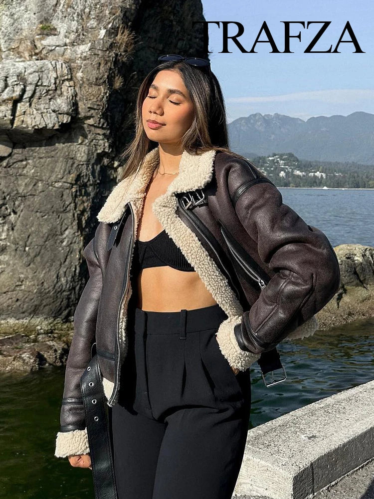 TRAFZA 2023 Women Fashion Thick Warm Lambs Wool Jacket Coat Vintage Long Sleeve Zipper Jackets Female Outerwear Chic Tops