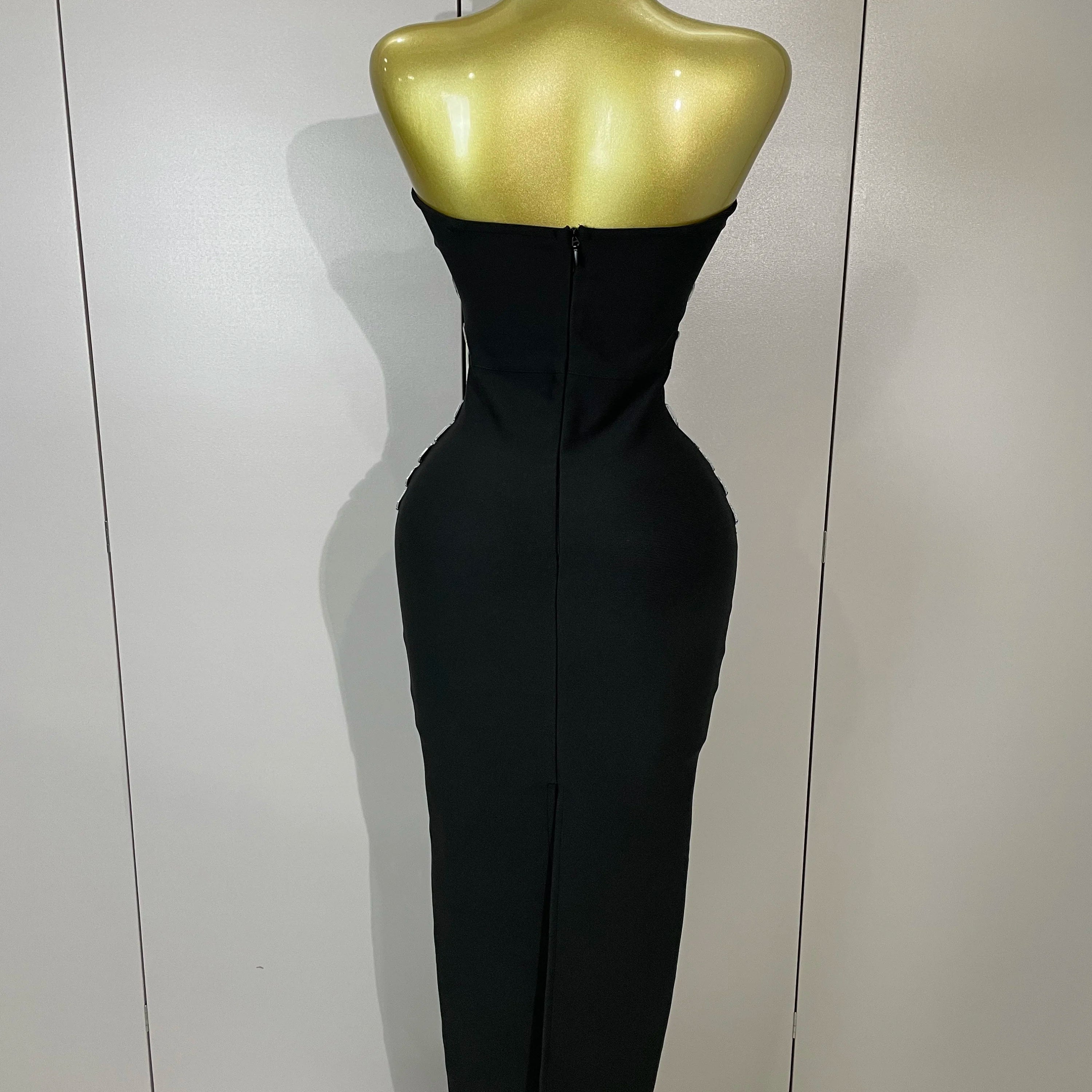 Vestido longo feminino sensual sem costas, sem alças, preto, com contas, bandagem, bodycon, celebridade, elegante, noite, luxo, aniversário, 2025