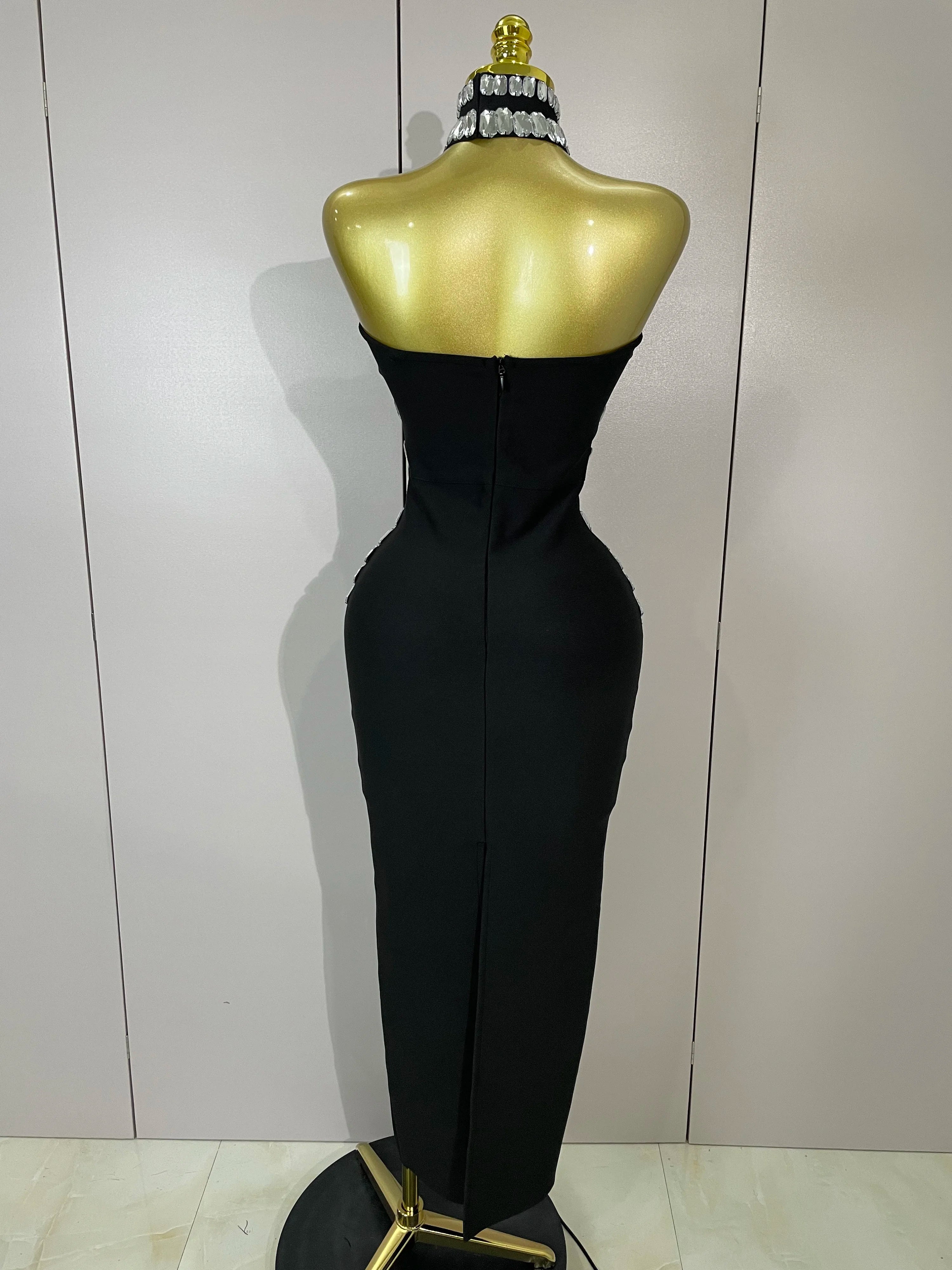 Vestido longo feminino sensual sem costas, sem alças, preto, com contas, bandagem, bodycon, celebridade, elegante, noite, luxo, aniversário, 2025