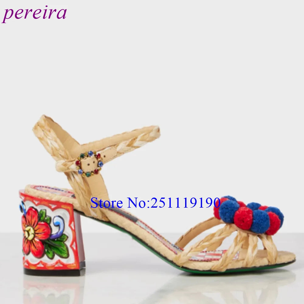 Raffia Flowers Heeled Sandals Strappy Pointed Toe Women Luxury Designer Shoes Square Heel High Heels 2025 Summer Bohemia Style