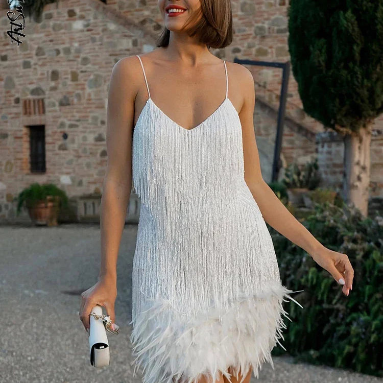 Tassel Dress Feather Party Dresses Women Sleeveless Pink Mini Dress V Neck Spaghetti Strap Fashion Bodycon Sequins Evening Dress white