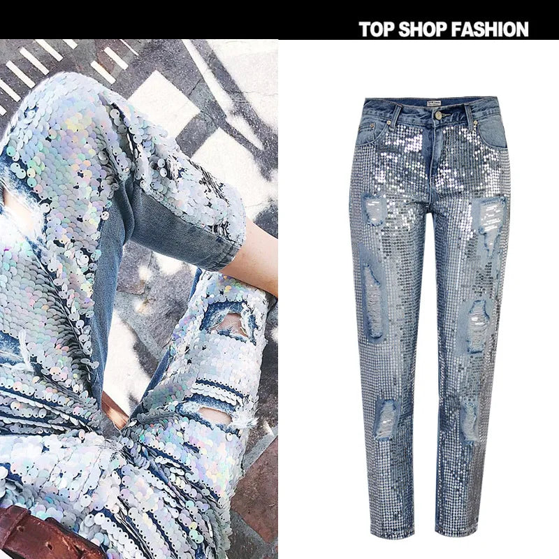 Women's mid rise loose fitting straight denim cropped pants with trendy metal colored worn holes beads Sequin decoration jeans