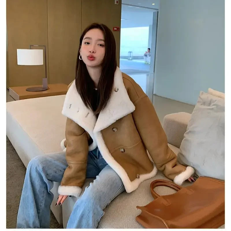 Lady Fashion Wool Jackets Women Fashion Real Wool Lamb Fur Coat Winter Jacket LSBH69