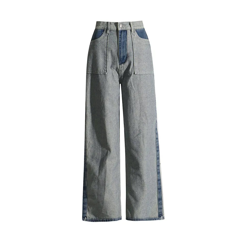 Casual Patchwork Denim Trousers For Women High Waist Hit Color Straight Wide Led Jeans Female Fashion Autumn Clothing New Blue