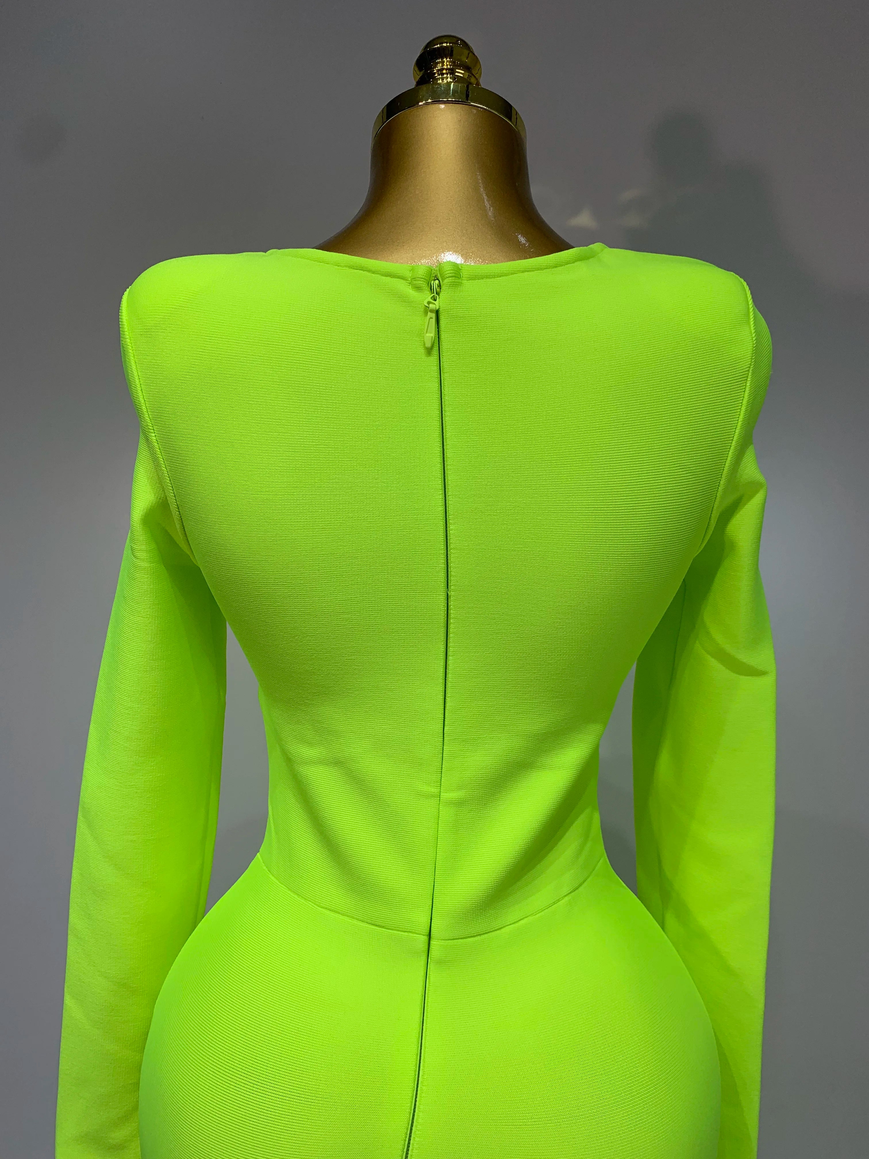 Women Sexy Long Sleeve Square Collar Fluorescent Green Midi Bodycon Bandage Dress 2025 Elegant Evening Birthday Party Dresses