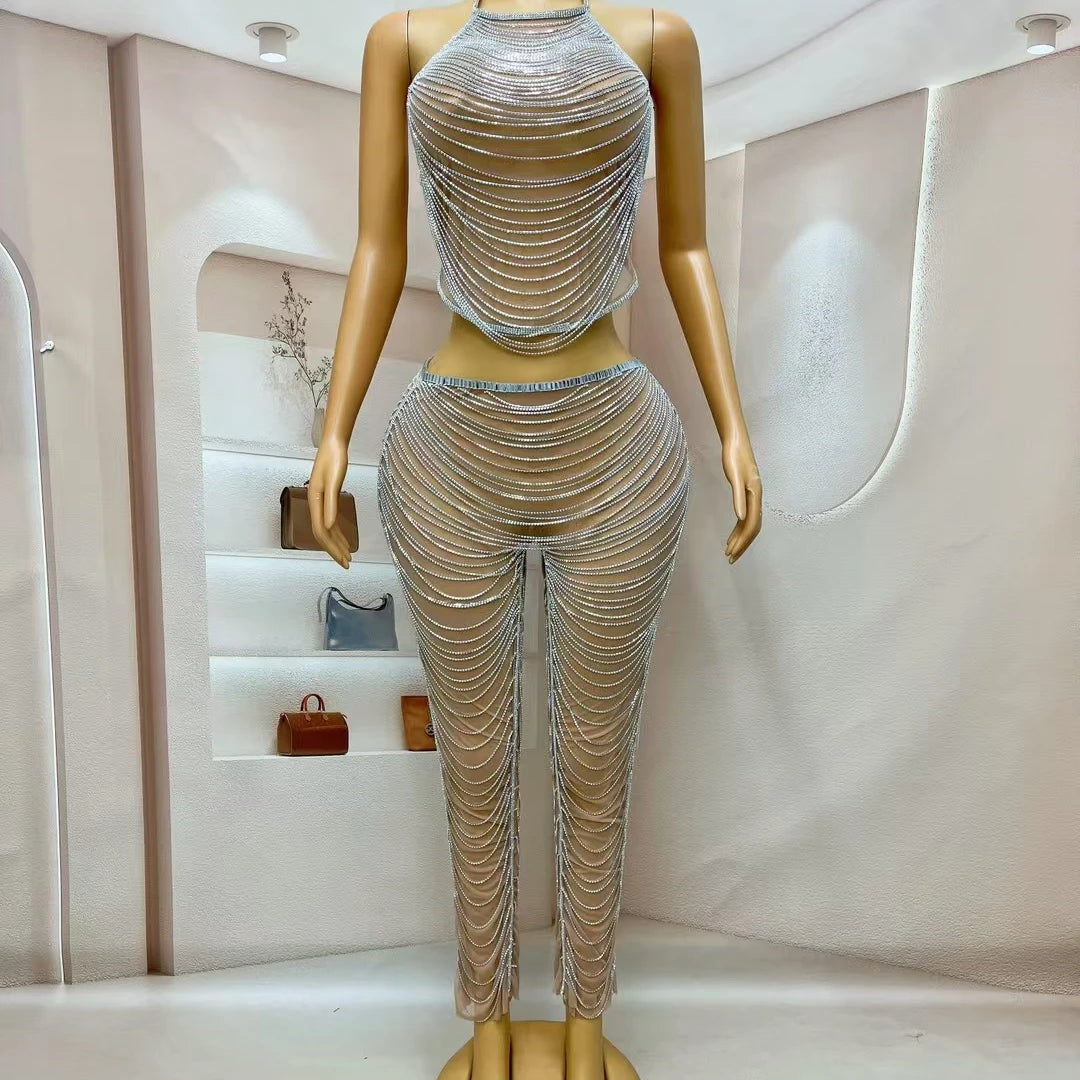 Sparkly Silver Rhinestone Crystals Crop Tops Long Pants 2Pieces Set Nightclub Event Party Stage Show High-quality Outfit Dudou