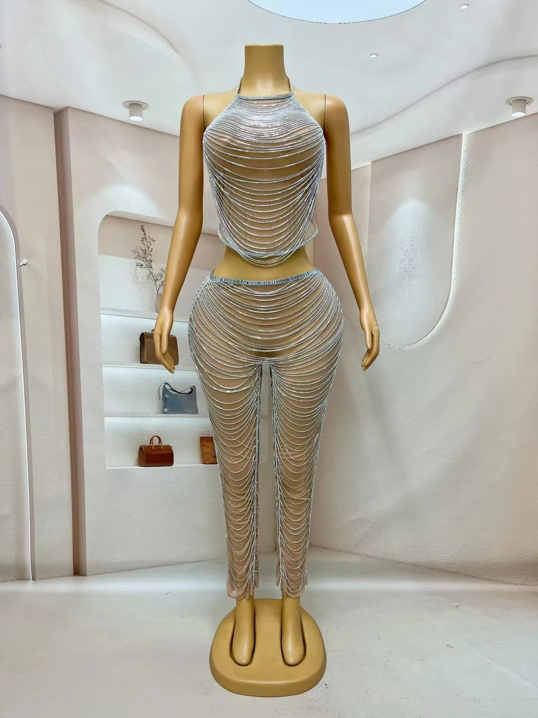 Sparkly Silver Rhinestone Crystals Crop Tops Long Pants 2Pieces Set Nightclub Event Party Stage Show High-quality Outfit Dudou