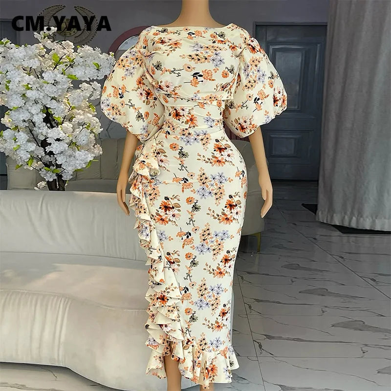 CM.YAYA Women Lantern Half Sleeve Ruffles Side Floral Print Side Split Long Maxi Dress 2025 Evening Sexy Party Dresses Vestidos
