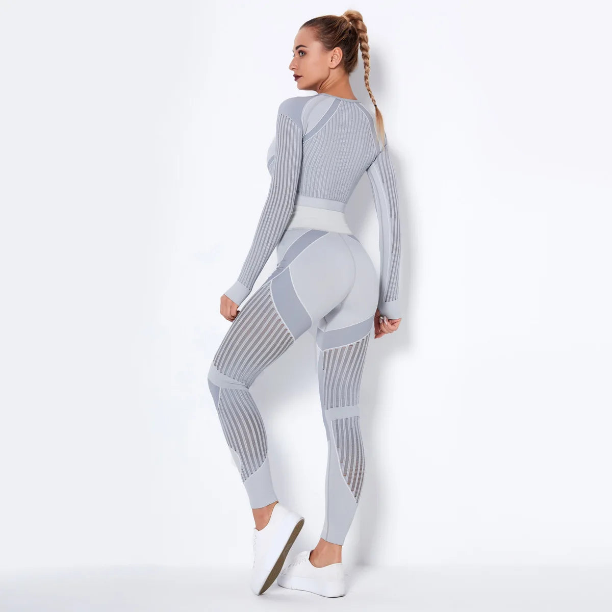 Xlwsbcr Hollow Out Seamless Yoga Set Sport Outfits Women Black Crop Top Bra Leggings Workout Gym Suit Fitness Sport Sets Light grey suit