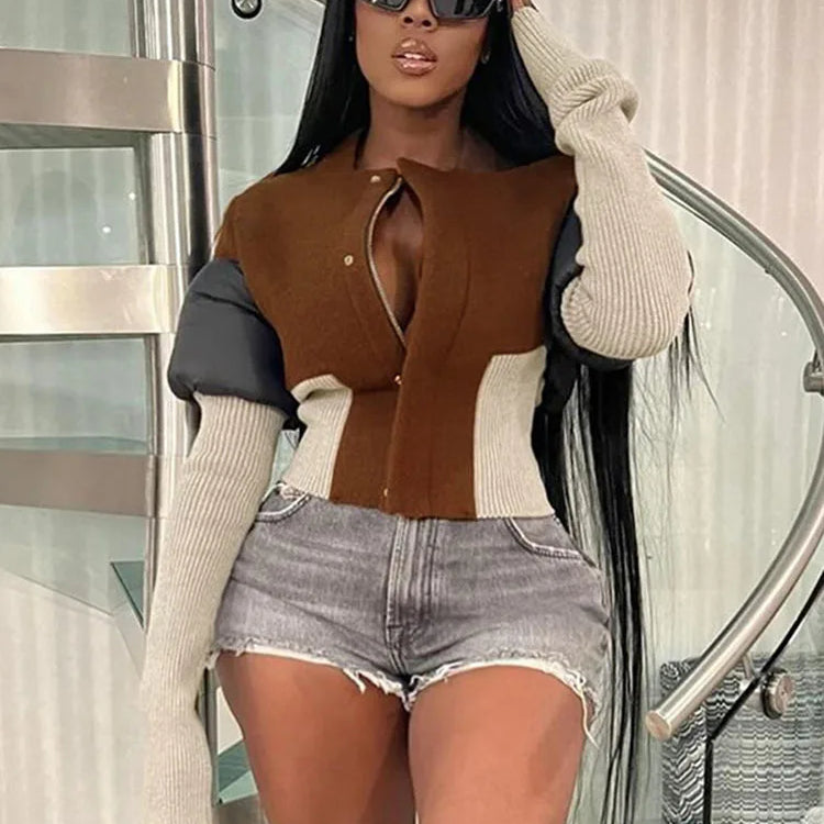 DEAT Fashion Women's Color Block Jackets Long Sleeve Zipper Collarless Slim Short Patchwork Short Coat Spring New 7AB3106