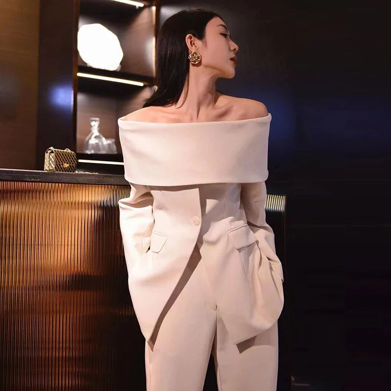 TWOTWINSTYLE Slash Neck Chic Blazers For Women Off Shoulder Long Sleeve Patchwork Single Button Solid Coat Female Clothes 2022 Apricot